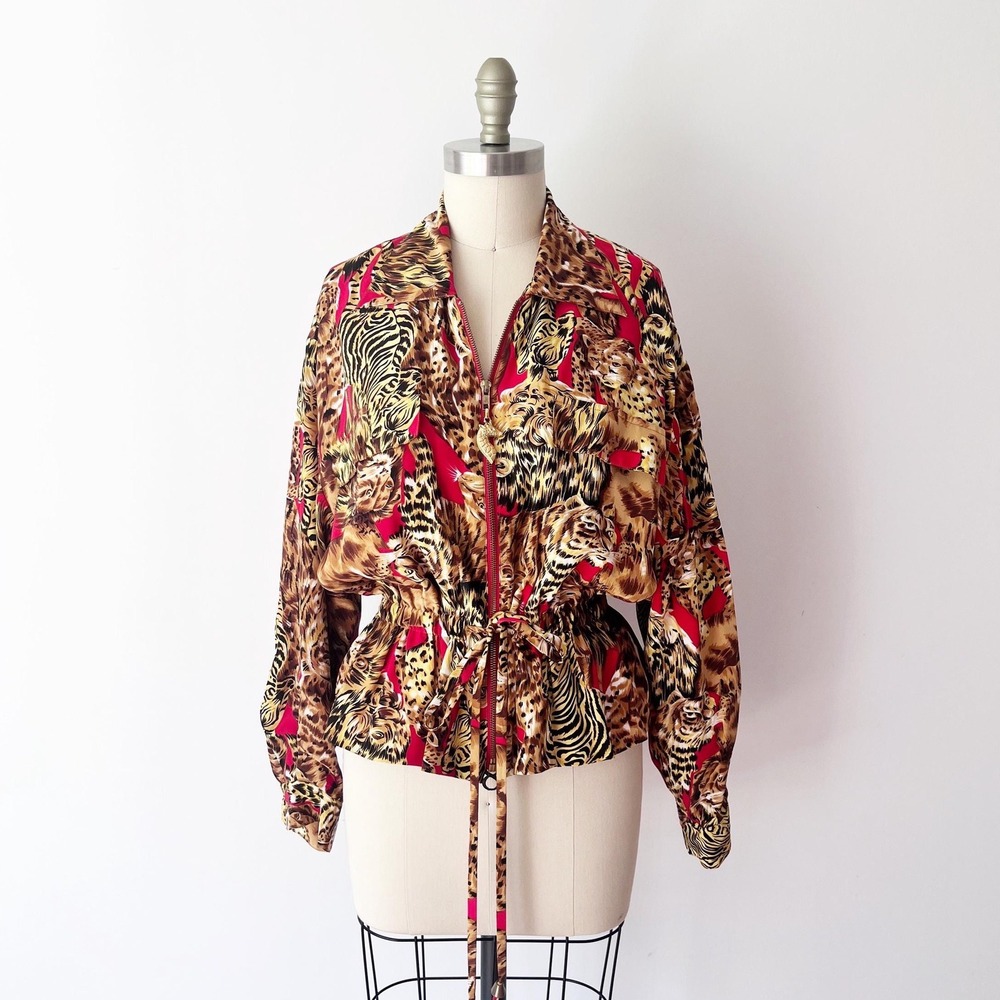 Vintage 90s Animal Print Jacket Silk Tiger Funky Streetwear Mob Wife Small